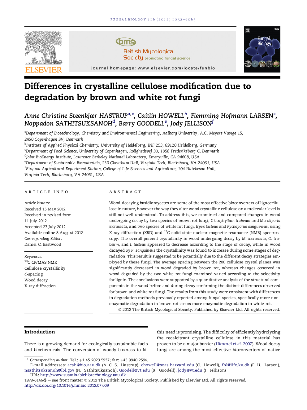 Differences in crystalline cellulose modification due to degradation by brown and white rot fungi