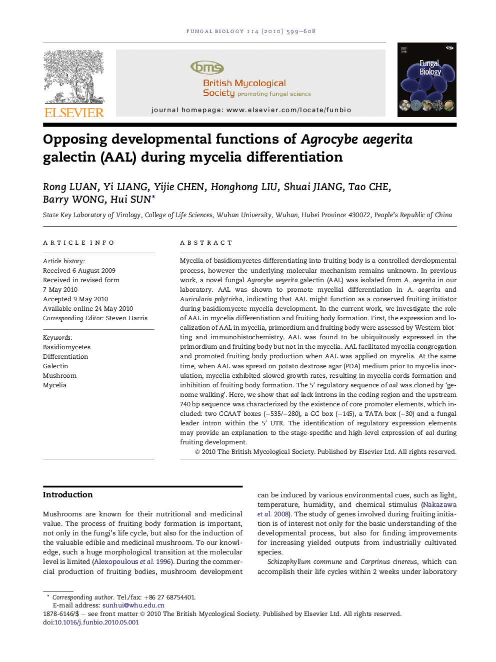 Opposing developmental functions of Agrocybe aegerita galectin (AAL) during mycelia differentiation