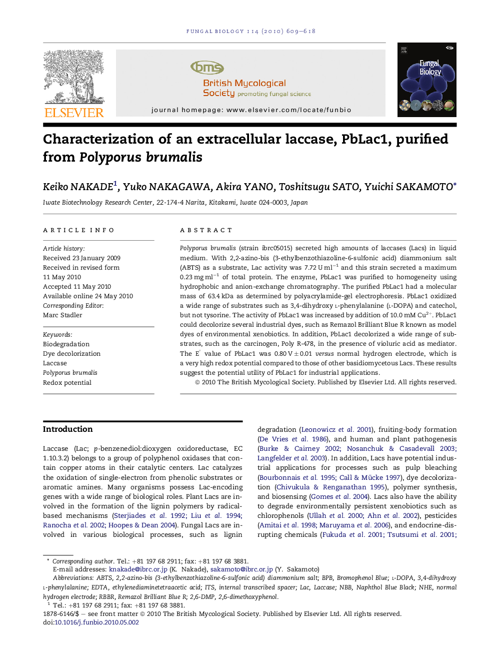 Characterization of an extracellular laccase, PbLac1, purified from Polyporus brumalis