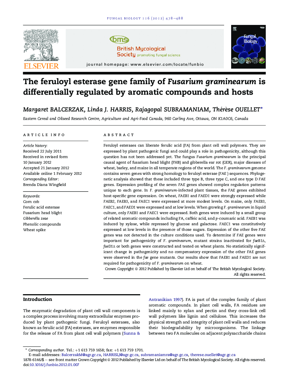 The feruloyl esterase gene family of Fusarium graminearum is differentially regulated by aromatic compounds and hosts