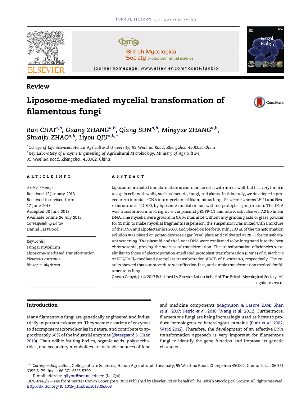 Liposome-mediated mycelial transformation of filamentous fungi