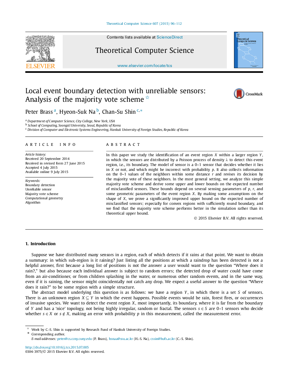 Local event boundary detection with unreliable sensors: Analysis of the majority vote scheme 