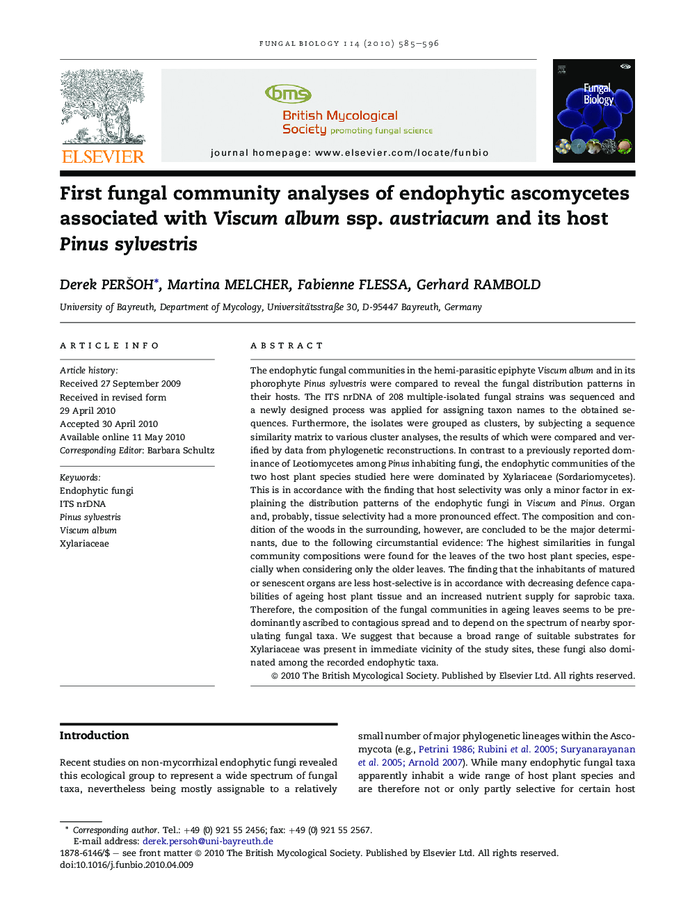 First fungal community analyses of endophytic ascomycetes associated with Viscum album ssp. austriacum and its host Pinus sylvestris