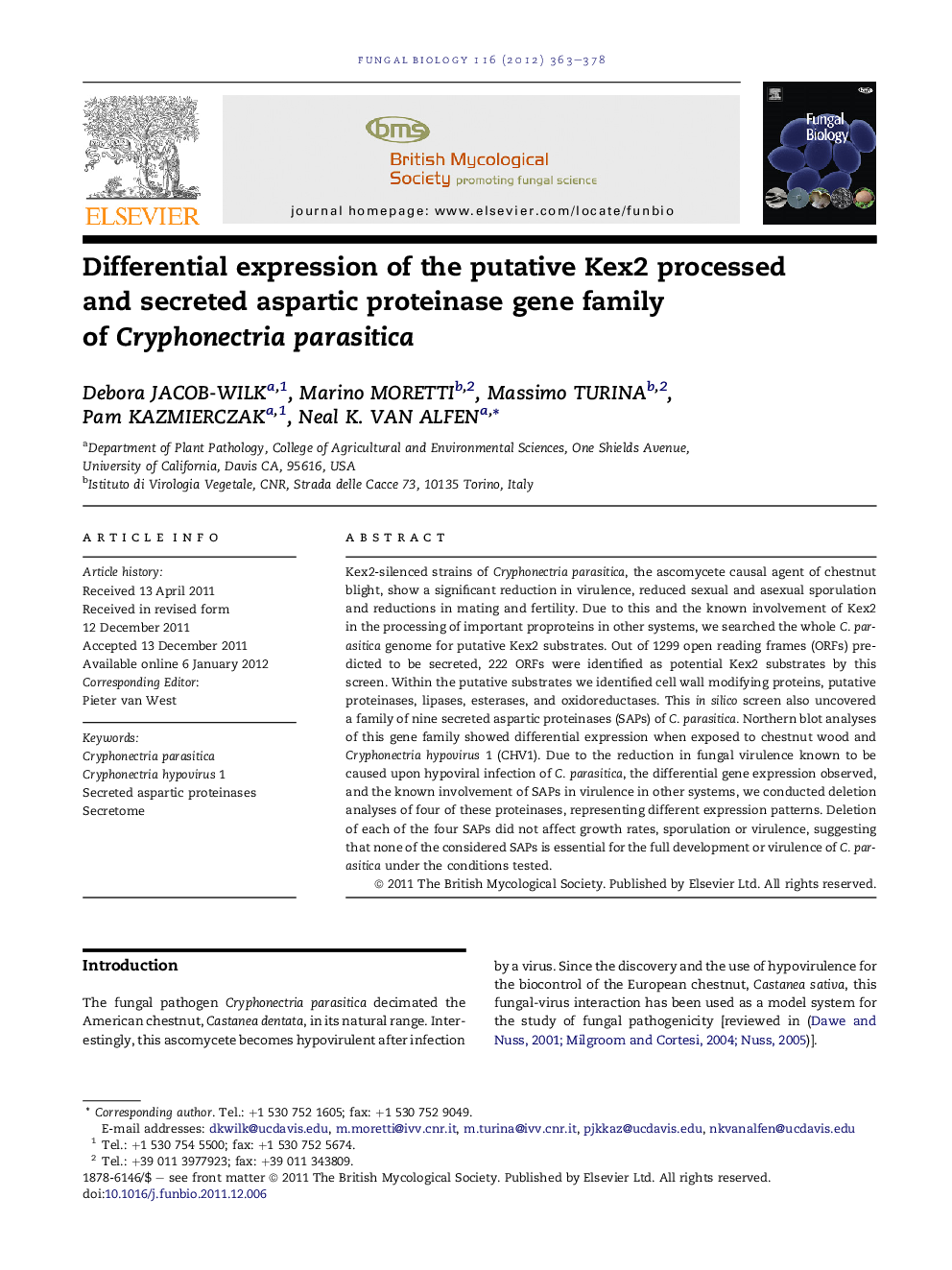 Differential expression of the putative Kex2 processed and secreted aspartic proteinase gene family of Cryphonectria parasitica