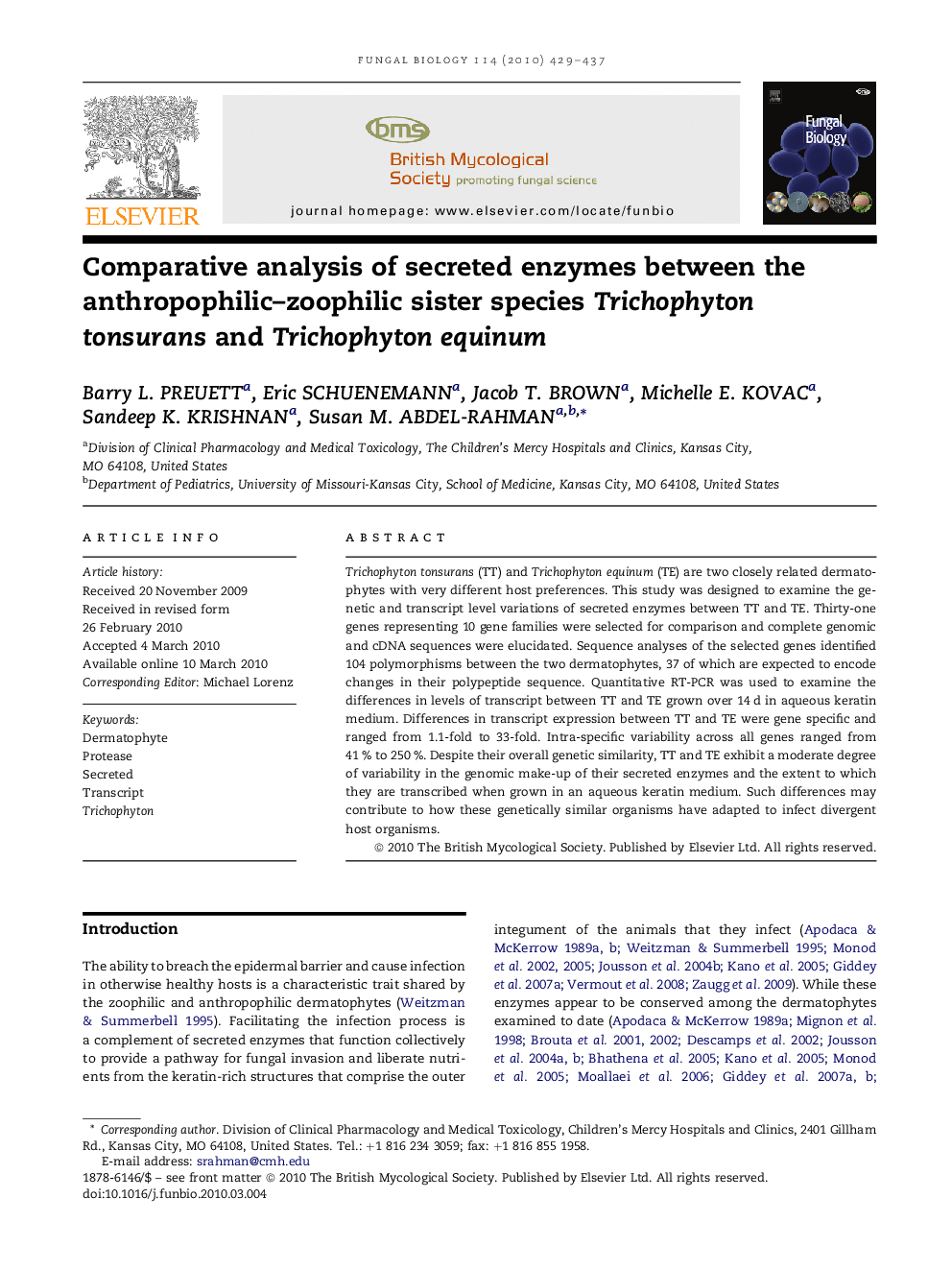 Comparative analysis of secreted enzymes between the anthropophilic-zoophilic sister species Trichophyton tonsurans and Trichophyton equinum