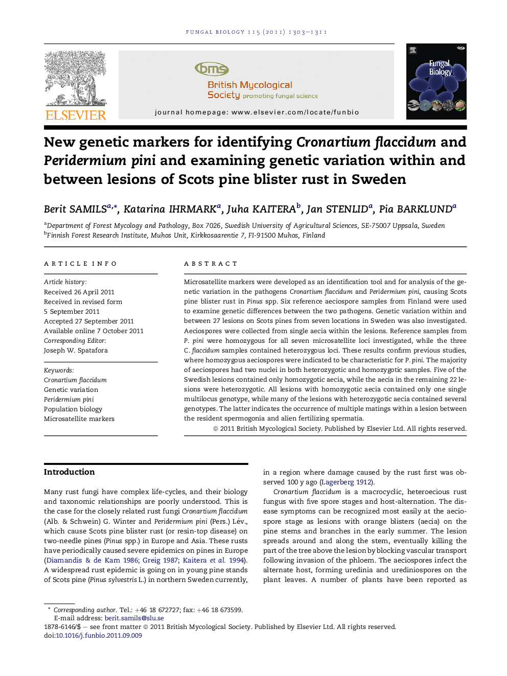 New genetic markers for identifying Cronartium flaccidum and Peridermium pini and examining genetic variation within and between lesions of Scots pine blister rust in Sweden