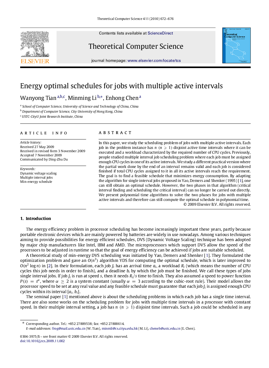 Energy optimal schedules for jobs with multiple active intervals