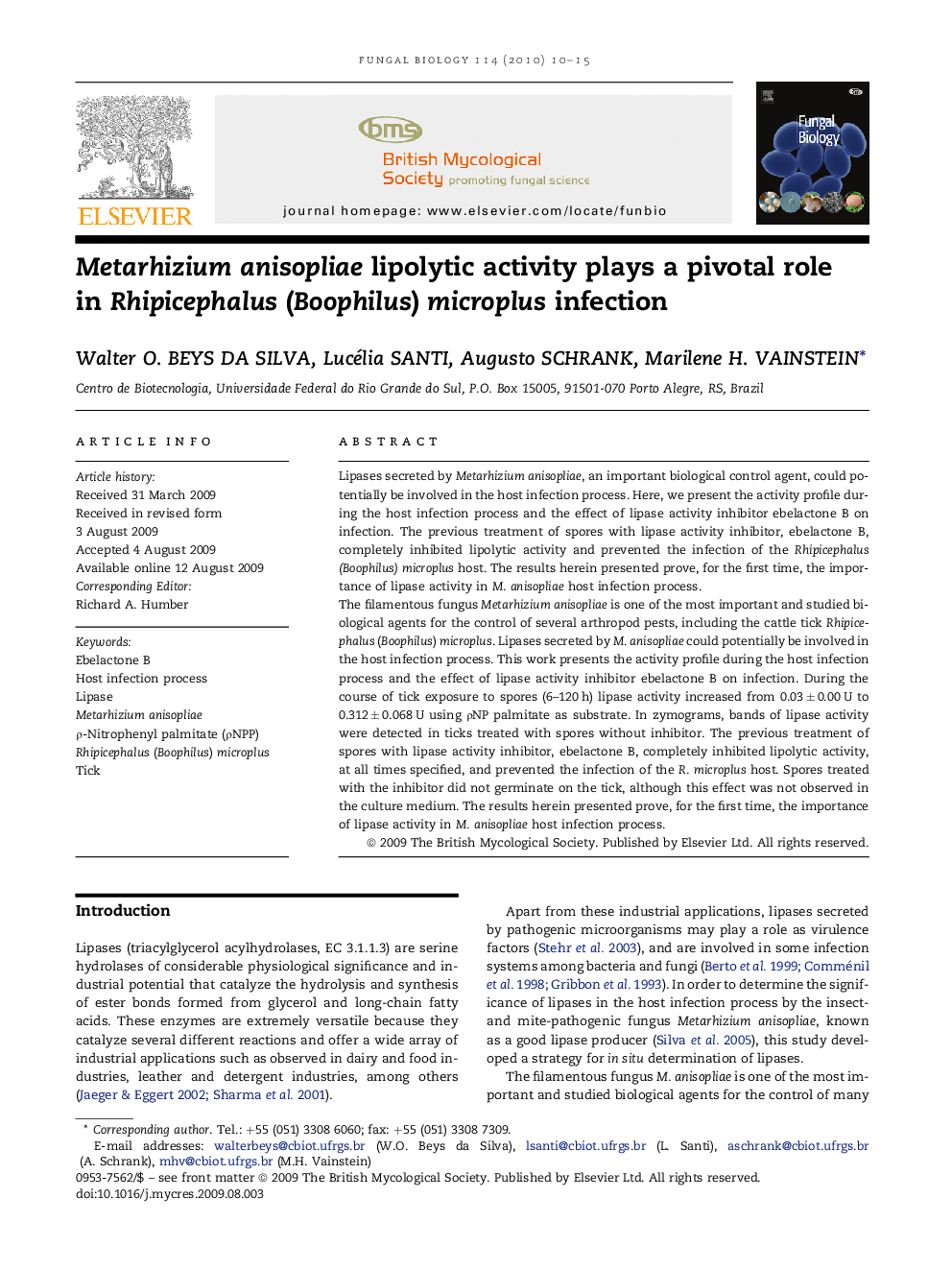 Metarhizium anisopliae lipolytic activity plays a pivotal role in Rhipicephalus (Boophilus) microplus infection