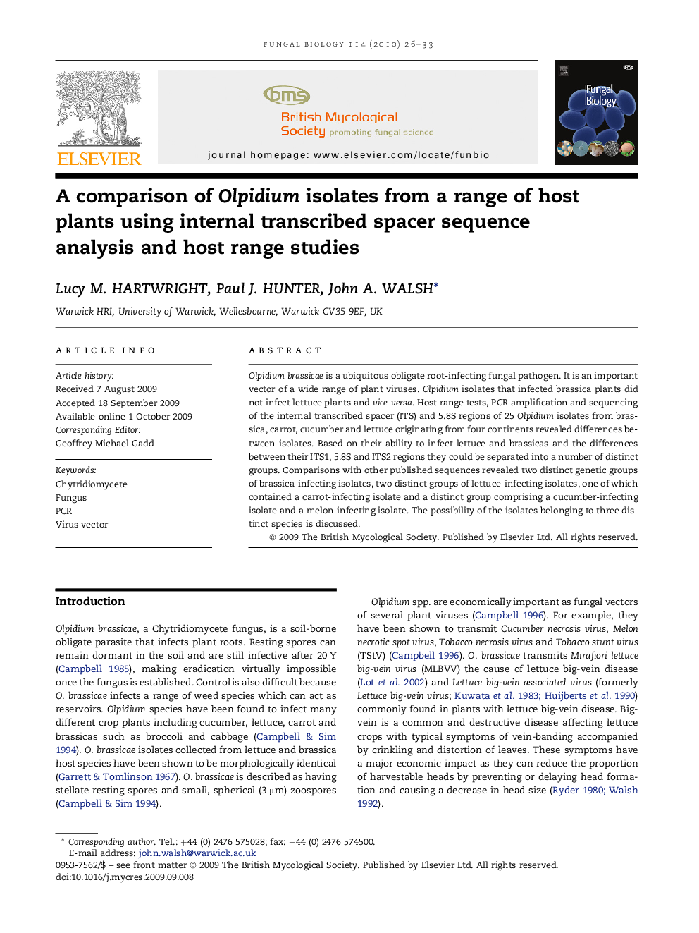 A comparison of Olpidium isolates from a range of host plants using internal transcribed spacer sequence analysis and host range studies