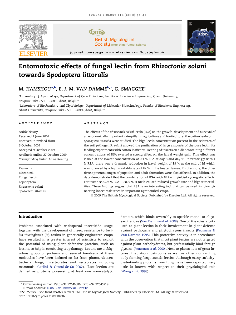 Entomotoxic effects of fungal lectin from Rhizoctonia solani towards Spodoptera littoralis