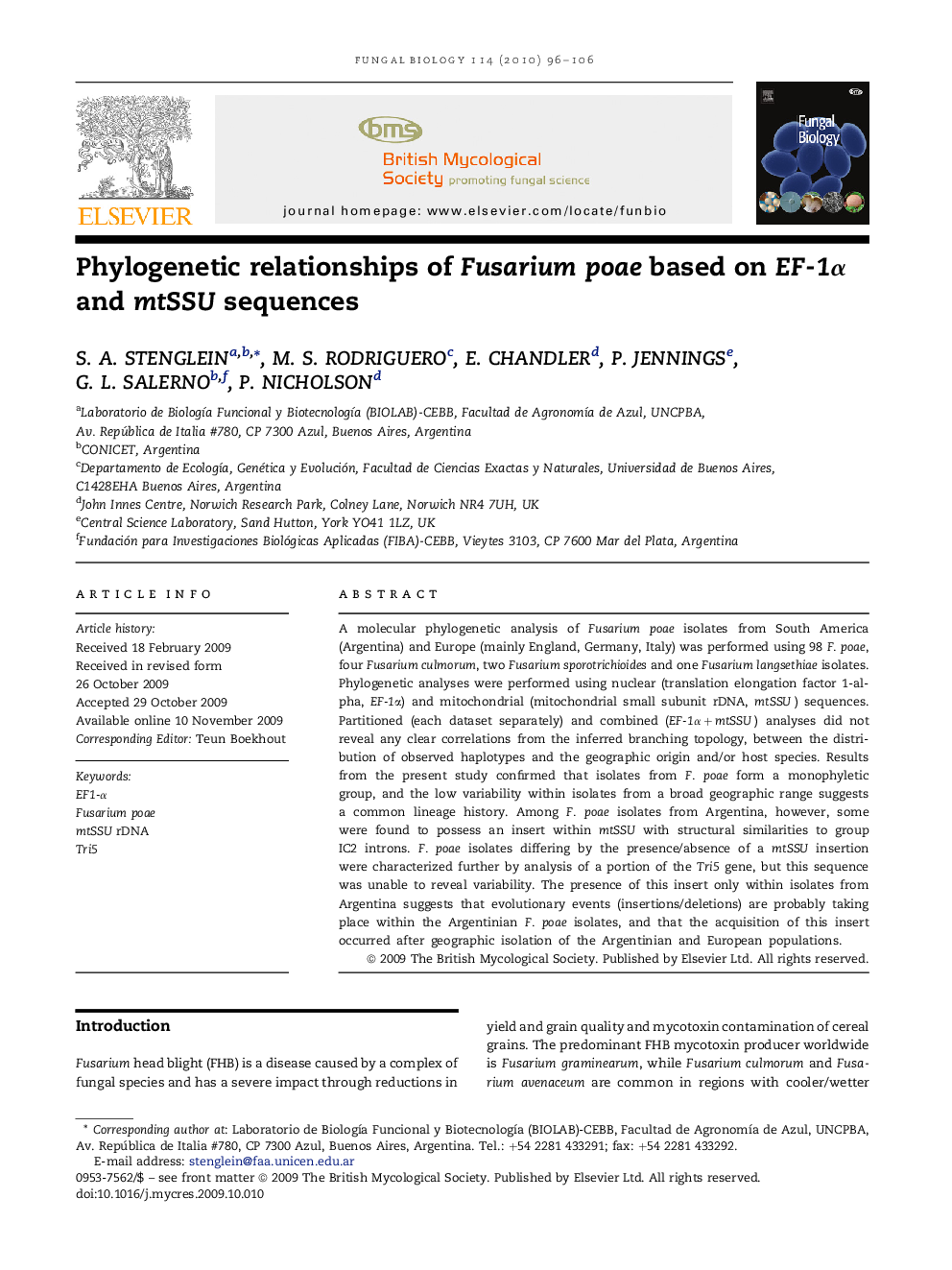 Phylogenetic relationships of Fusarium poae based on EF-1α and mtSSU sequences