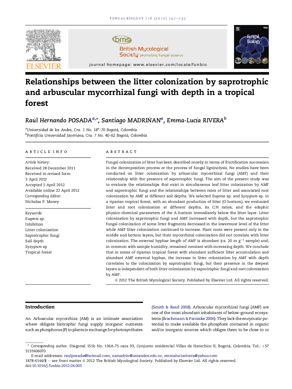 Relationships between the litter colonization by saprotrophic and arbuscular mycorrhizal fungi with depth in a tropical forest