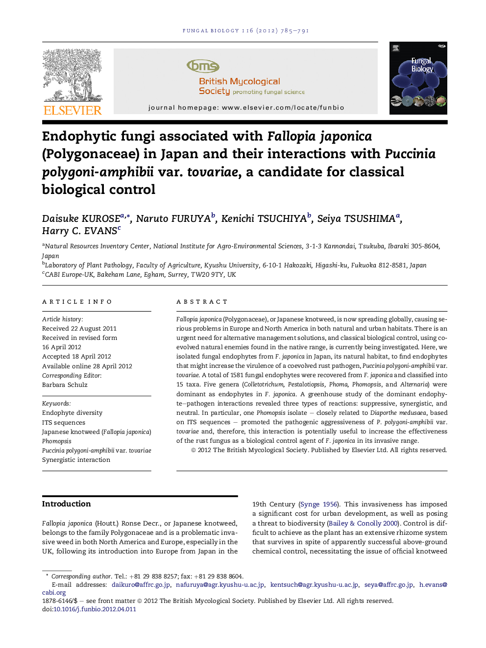 Endophytic fungi associated with Fallopia japonica (Polygonaceae) in Japan and their interactions with Puccinia polygoni-amphibii var. tovariae, a candidate for classical biological control