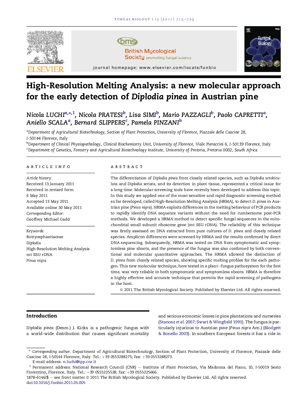 High-Resolution Melting Analysis: a new molecular approach for the early detection of Diplodia pinea in Austrian pine