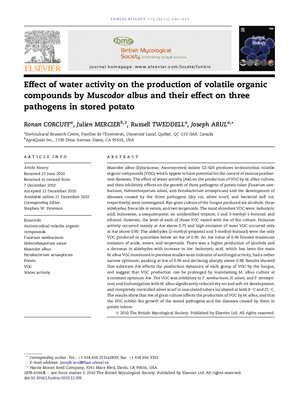 Effect of water activity on the production of volatile organic compounds by Muscodor albus and their effect on three pathogens in stored potato