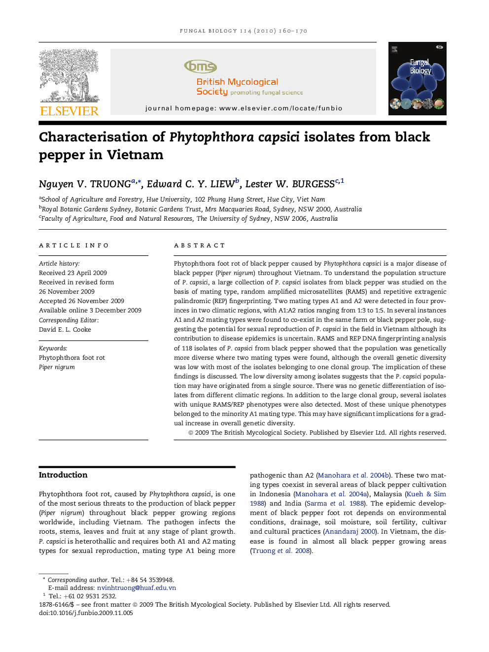 Characterisation of Phytophthora capsici isolates from black pepper in Vietnam