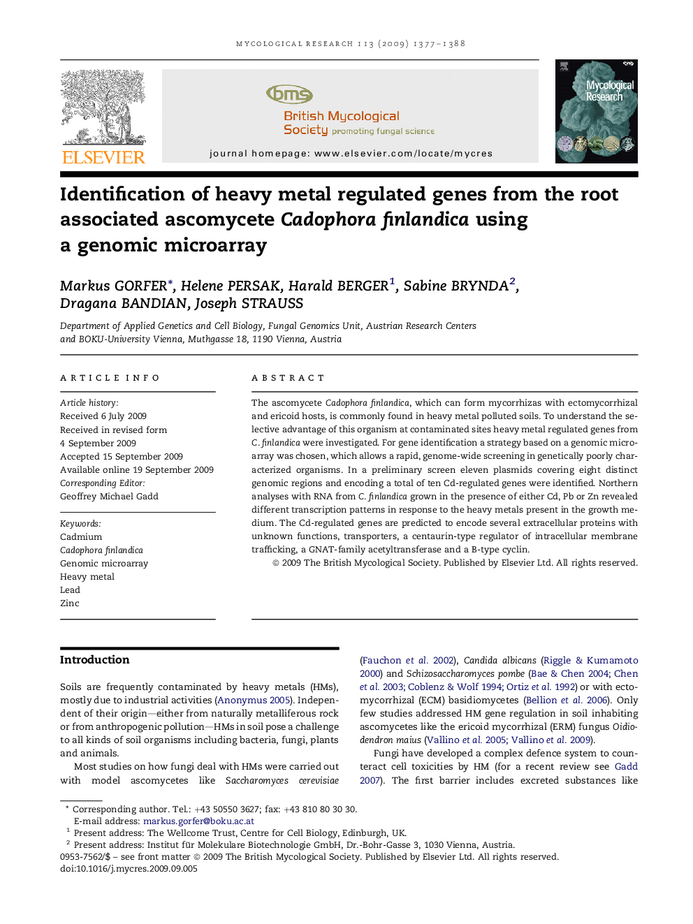 Identification of heavy metal regulated genes from the root associated ascomycete Cadophora finlandica using a genomic microarray