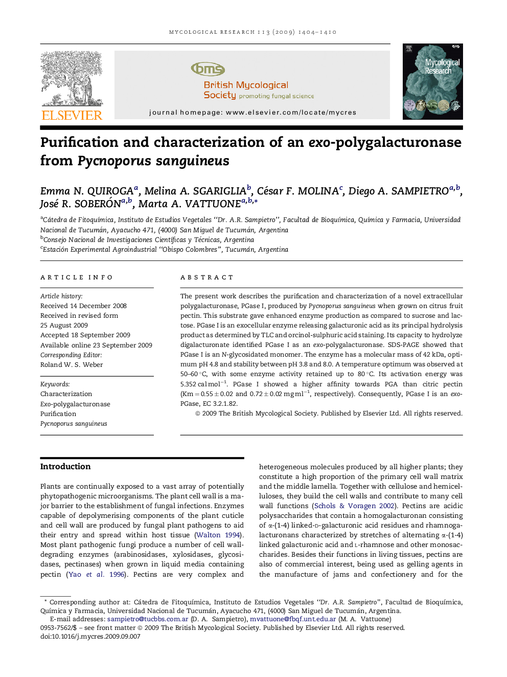 Purification and characterization of an exo-polygalacturonase from Pycnoporus sanguineus