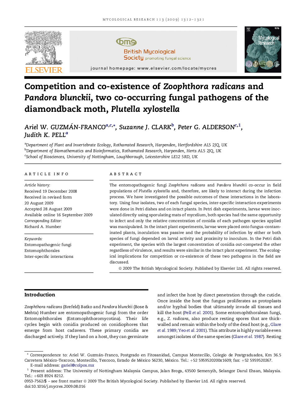 Competition and co-existence of Zoophthora radicans and Pandora blunckii, two co-occurring fungal pathogens of the diamondback moth, Plutella xylostella