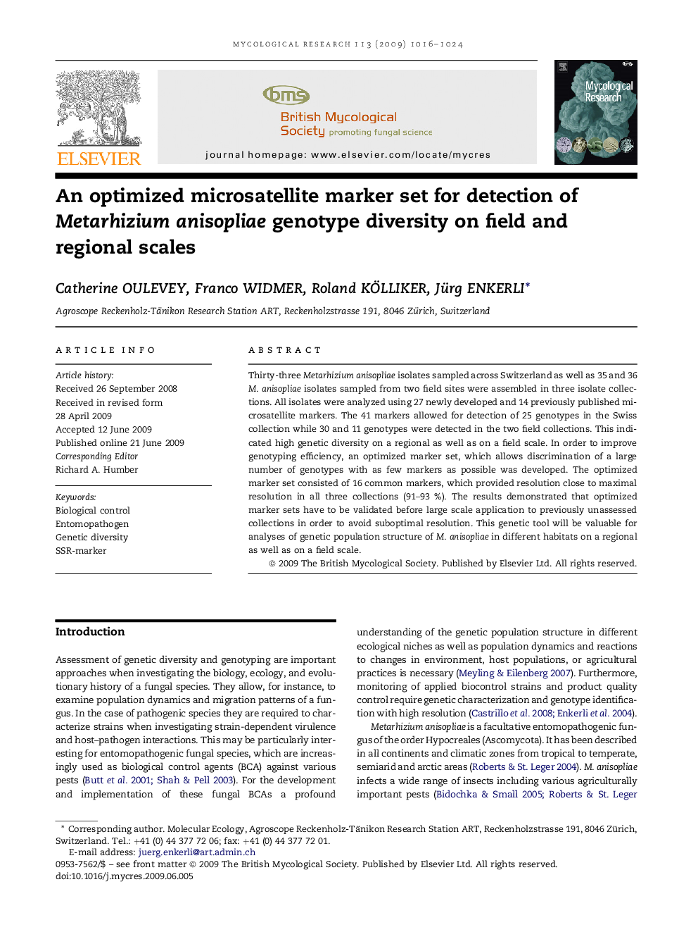 An optimized microsatellite marker set for detection of Metarhizium anisopliae genotype diversity on field and regional scales