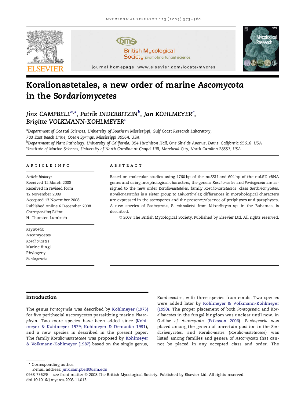 Koralionastetales, a new order of marine Ascomycota in the Sordariomycetes