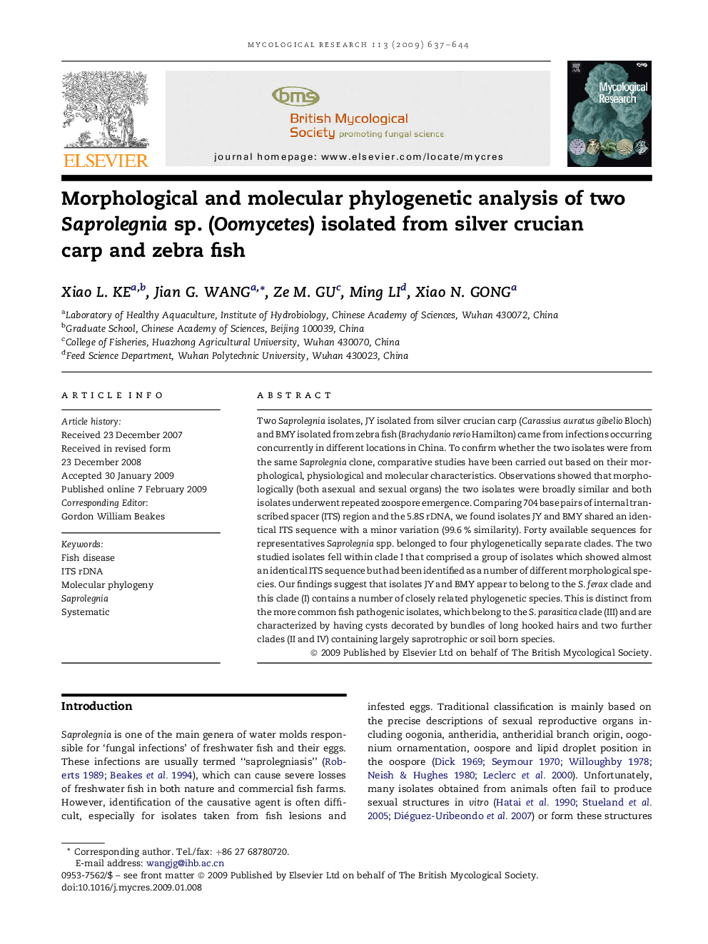 Morphological and molecular phylogenetic analysis of two Saprolegnia sp. (Oomycetes) isolated from silver crucian carp and zebra fish