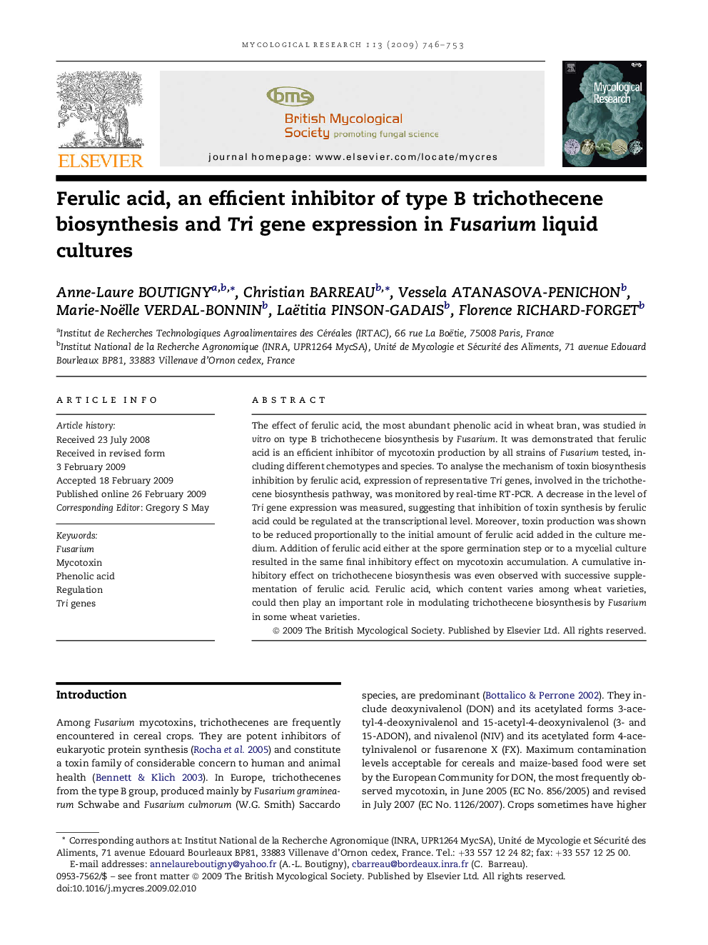 Ferulic acid, an efficient inhibitor of type B trichothecene biosynthesis and Tri gene expression in Fusarium liquid cultures