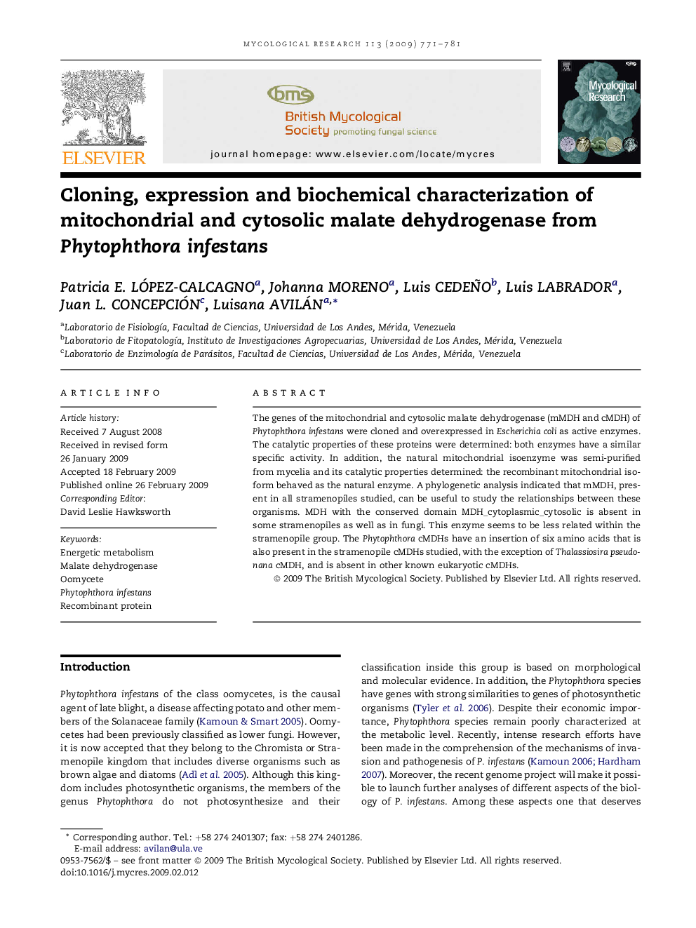 Cloning, expression and biochemical characterization of mitochondrial and cytosolic malate dehydrogenase from Phytophthora infestans