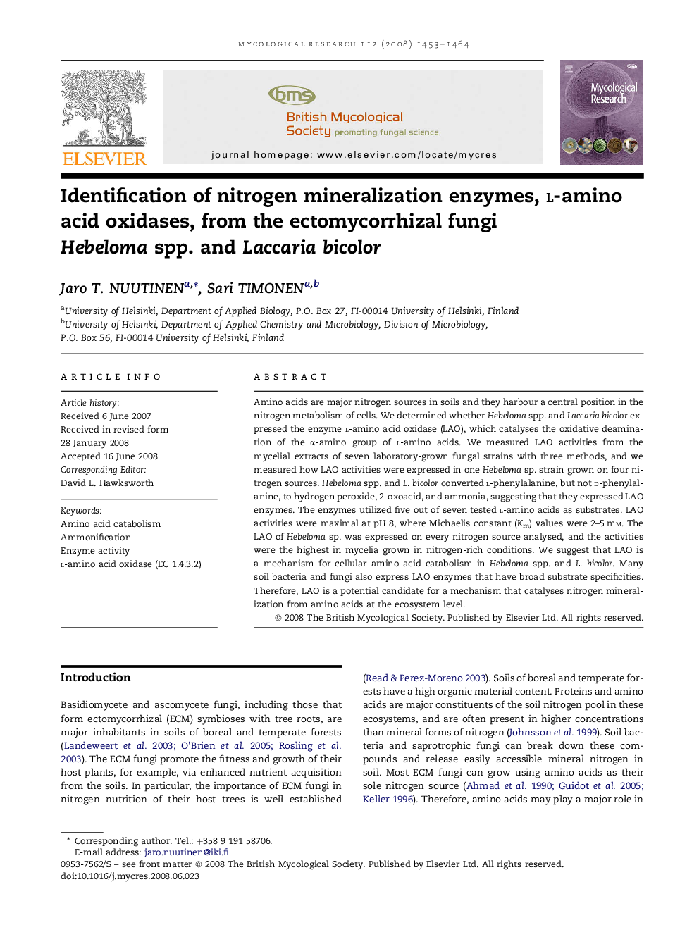 Identification of nitrogen mineralization enzymes, l-amino acid oxidases, from the ectomycorrhizal fungi Hebeloma spp. and Laccaria bicolor