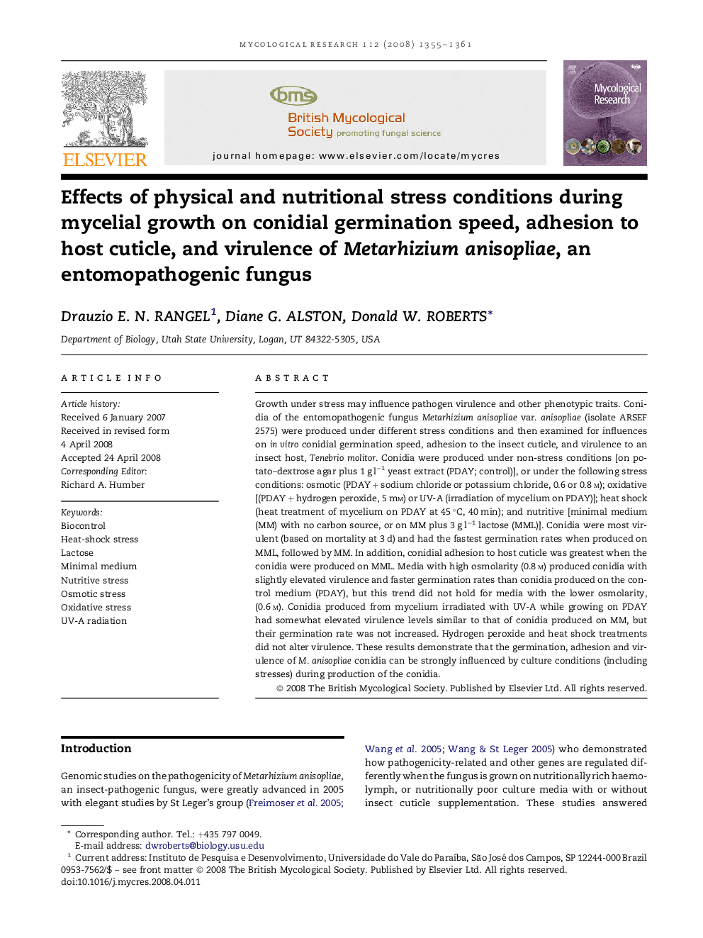 عکس صفحه اول مقاله: Effects of physical and nutritional stress conditions during mycelial growth on conidial germination speed, adhesion to host cuticle, and virulence of Metarhizium anisopliae, an entomopathogenic fungus Effects of physical and nutritional stress conditions during mycelial growth on conidial germination speed, adhesion to host cuticle, and virulence of Metarhizium anisopliae, an entomopathogenic fungus
