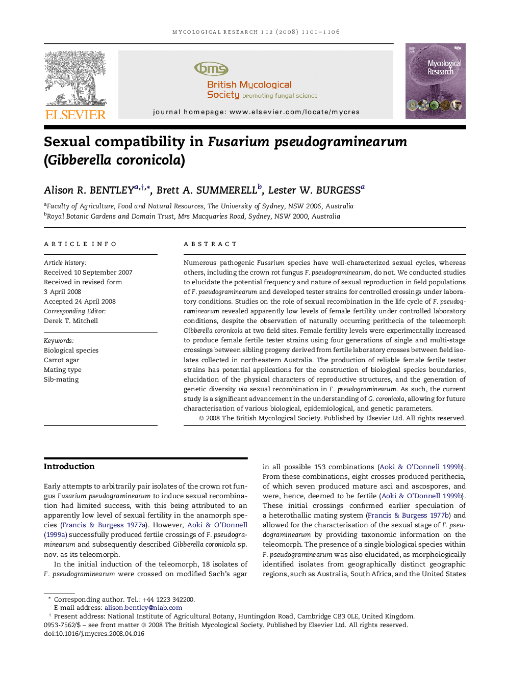 Sexual compatibility in Fusarium pseudograminearum (Gibberella coronicola)