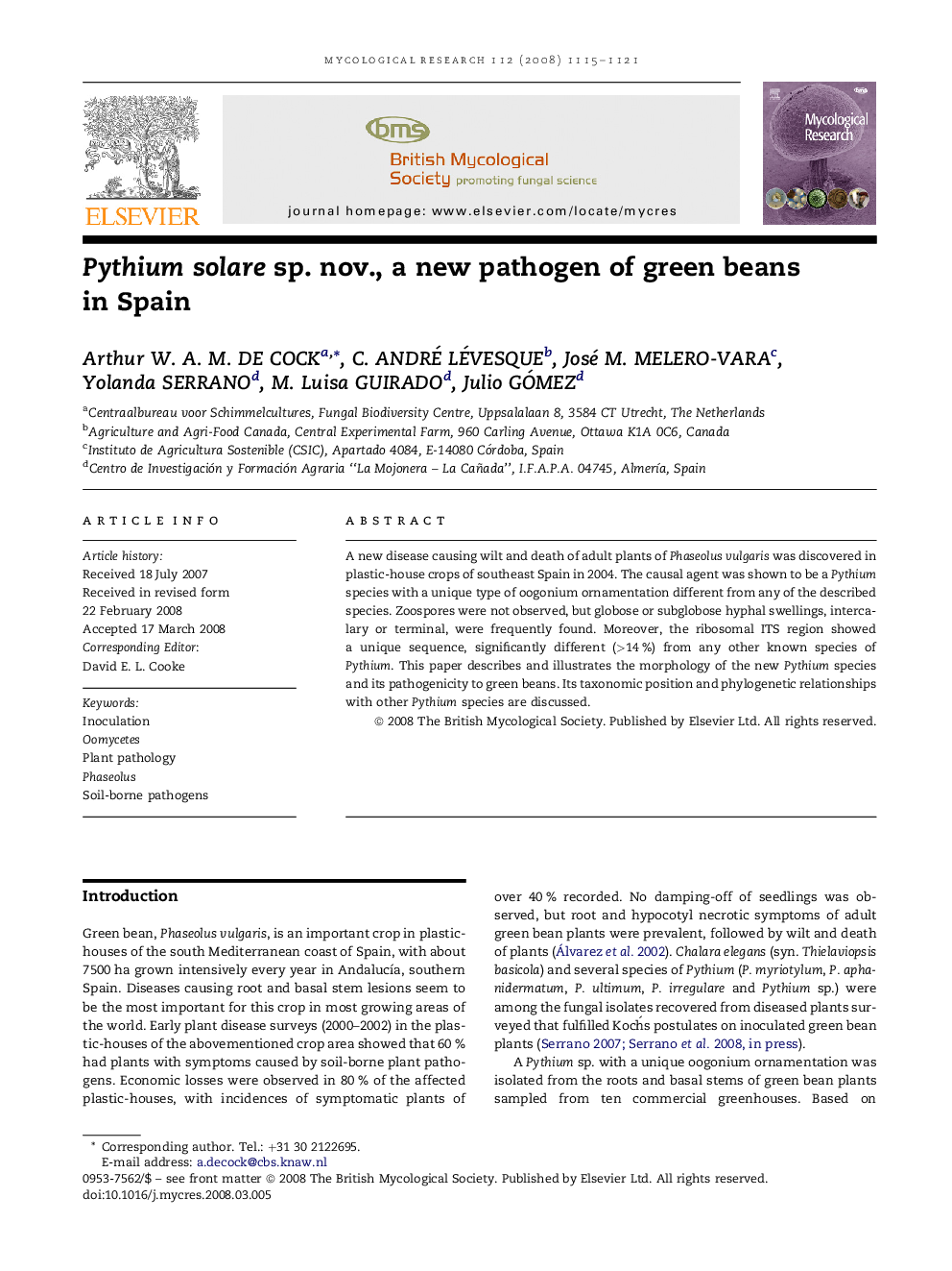 Pythium solare sp. nov., a new pathogen of green beans in Spain