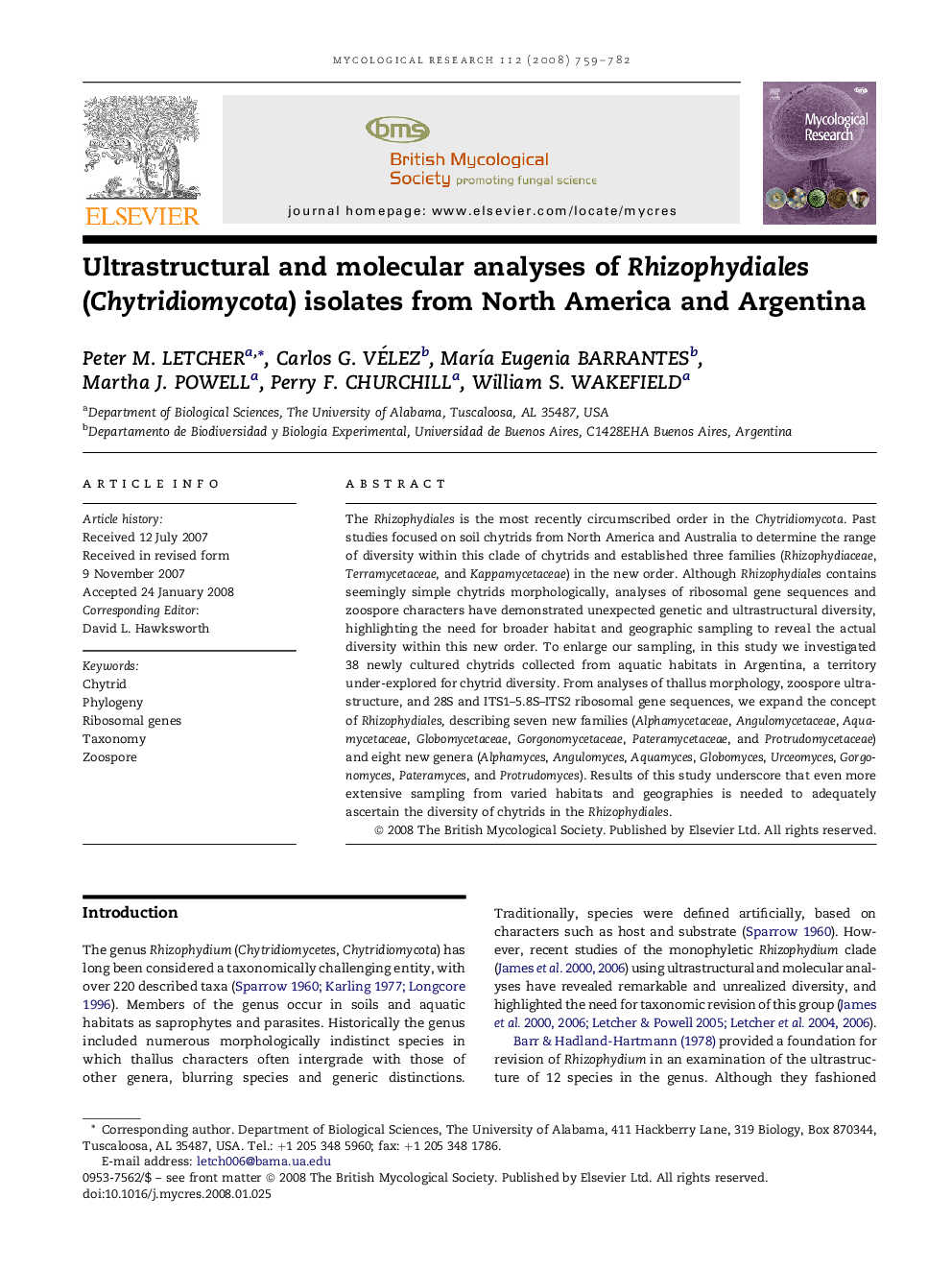 Ultrastructural and molecular analyses of Rhizophydiales (Chytridiomycota) isolates from North America and Argentina