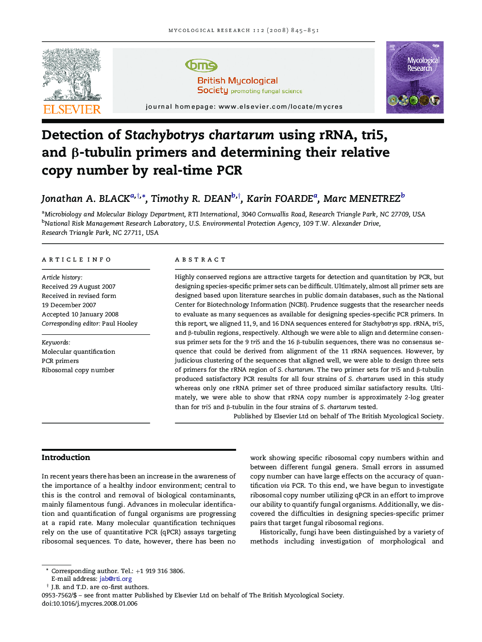 Detection of Stachybotrys chartarum using rRNA, tri5, and Î²-tubulin primers and determining their relative copy number by real-time PCR