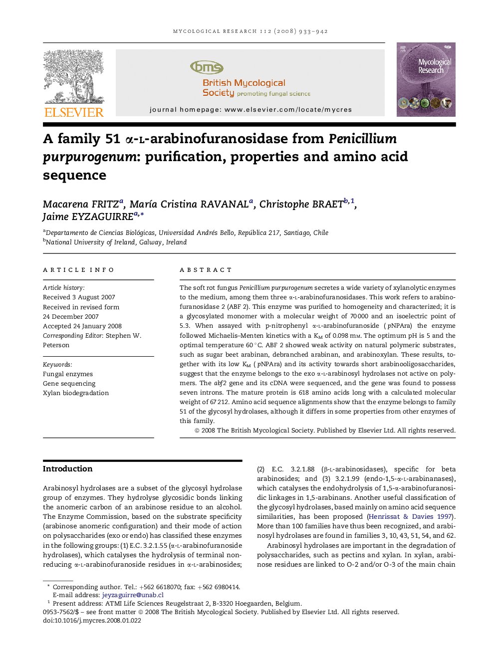 A family 51 Î±-l-arabinofuranosidase from Penicillium purpurogenum: purification, properties and amino acid sequence