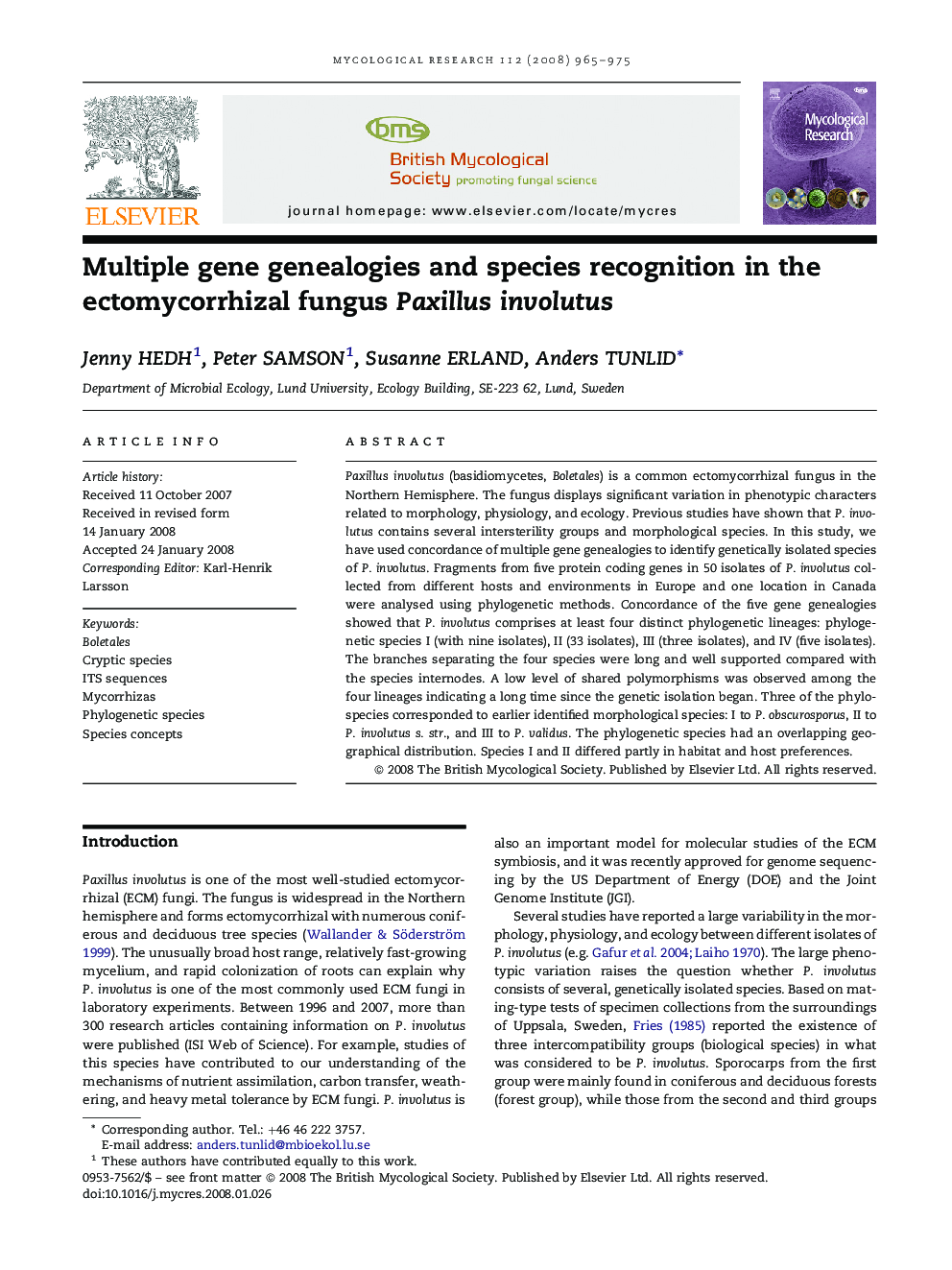 Multiple gene genealogies and species recognition in the ectomycorrhizal fungus Paxillus involutus