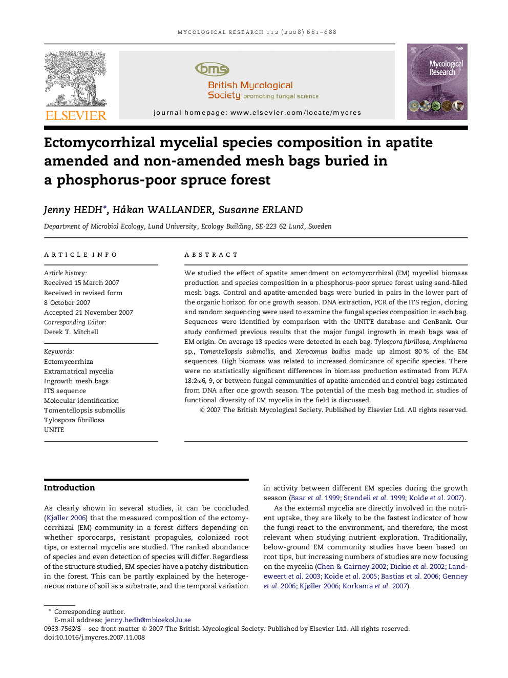 Ectomycorrhizal mycelial species composition in apatite amended and non-amended mesh bags buried in a phosphorus-poor spruce forest