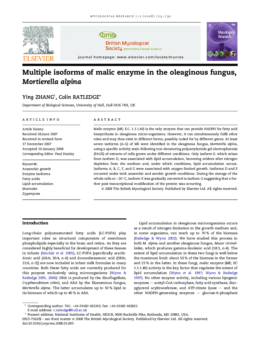 Multiple isoforms of malic enzyme in the oleaginous fungus, Mortierella alpina