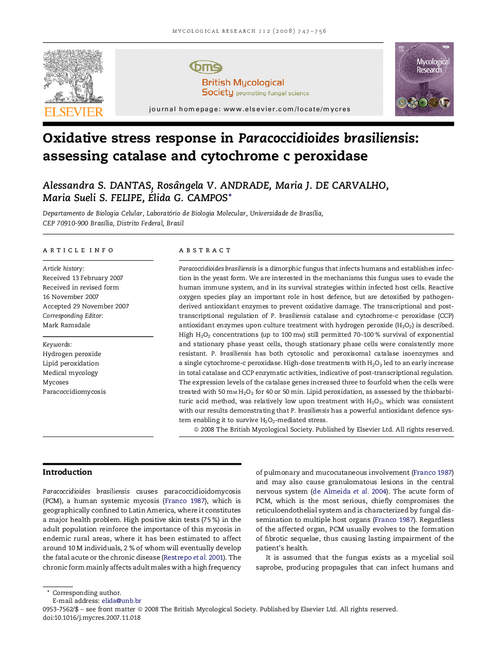 Oxidative stress response in Paracoccidioides brasiliensis: assessing catalase and cytochrome c peroxidase