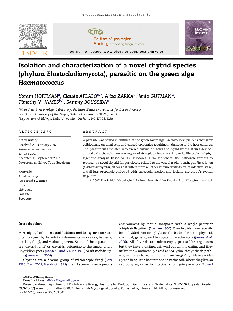 Isolation and characterization of a novel chytrid species (phylum Blastocladiomycota), parasitic on the green alga Haematococcus