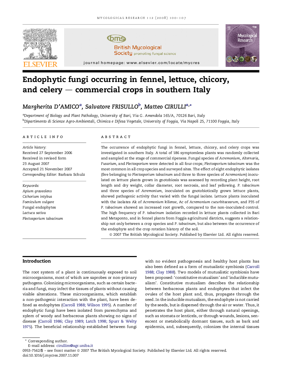 Endophytic fungi occurring in fennel, lettuce, chicory, and celery - commercial crops in southern Italy