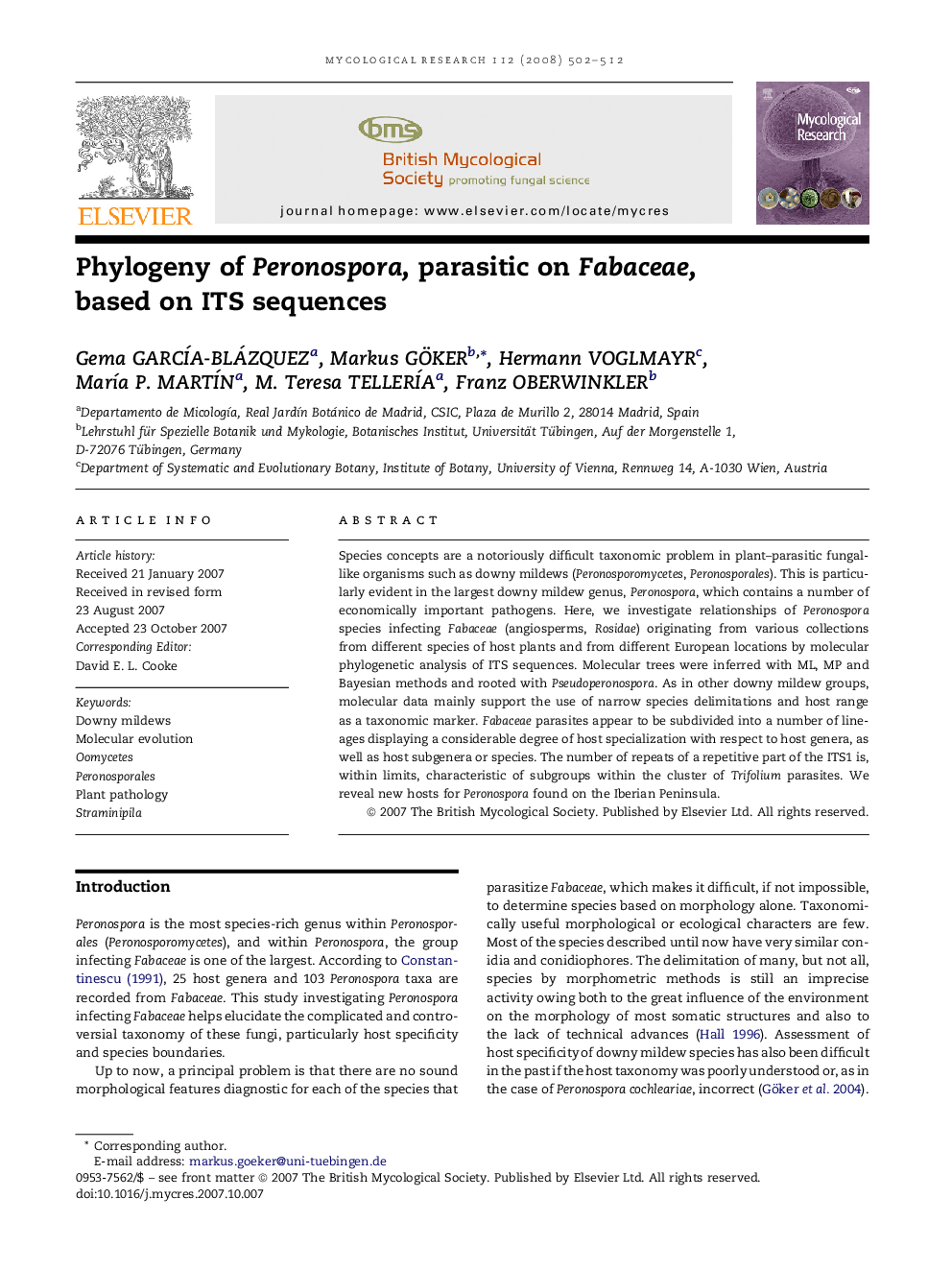 Phylogeny of Peronospora, parasitic on Fabaceae, based on ITS sequences