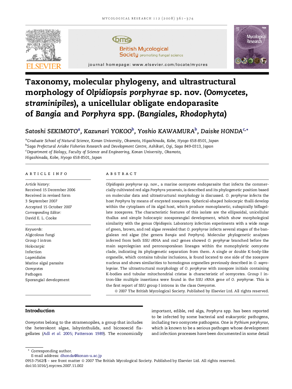 Taxonomy, molecular phylogeny, and ultrastructural morphology of Olpidiopsis porphyrae sp. nov. (Oomycetes, straminipiles), a unicellular obligate endoparasite of Bangia and Porphyra spp. (Bangiales, Rhodophyta)