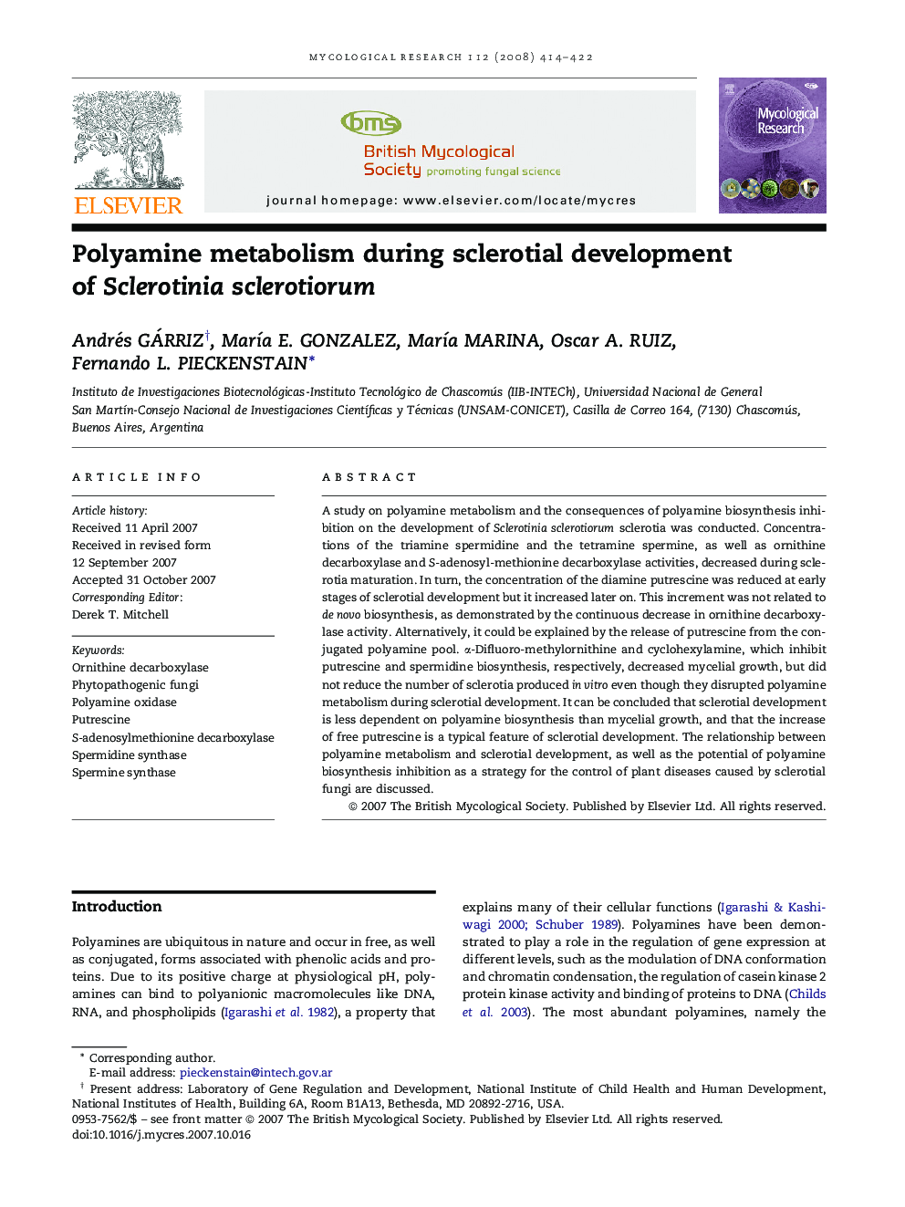 Polyamine metabolism during sclerotial development of Sclerotinia sclerotiorum