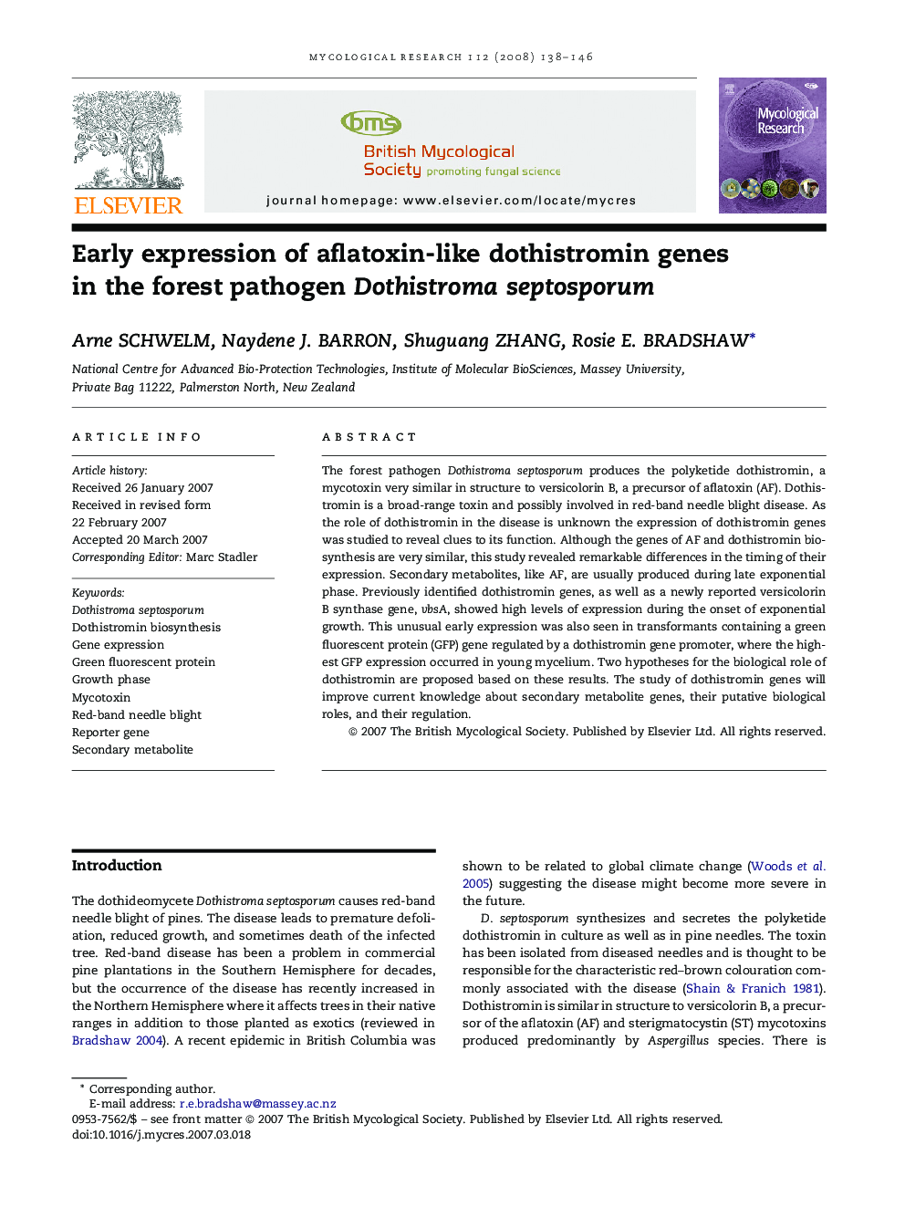 Early expression of aflatoxin-like dothistromin genes in the forest pathogen Dothistroma septosporum