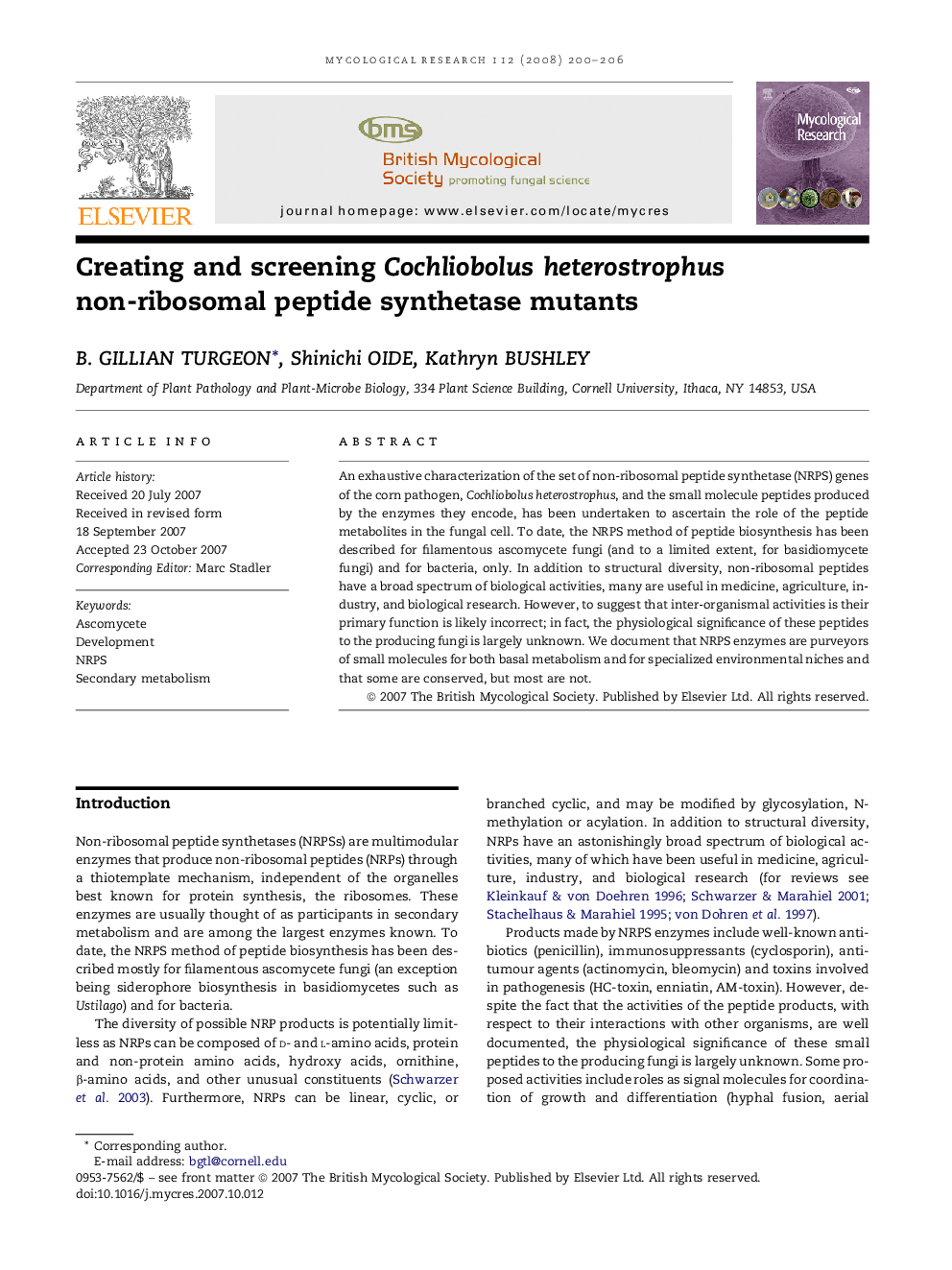 Creating and screening Cochliobolus heterostrophus non-ribosomal peptide synthetase mutants