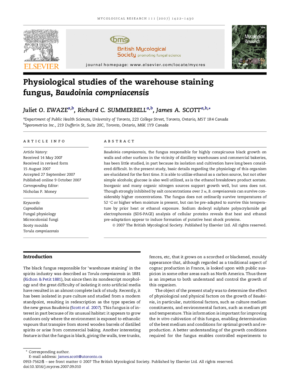 Physiological studies of the warehouse staining fungus, Baudoinia compniacensis