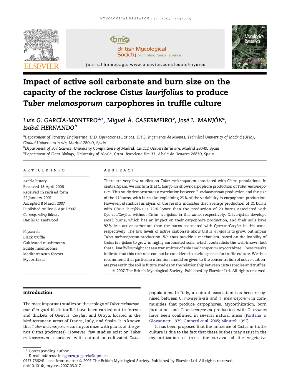 Impact of active soil carbonate and burn size on the capacity of the rockrose Cistus laurifolius to produce Tuber melanosporum carpophores in truffle culture