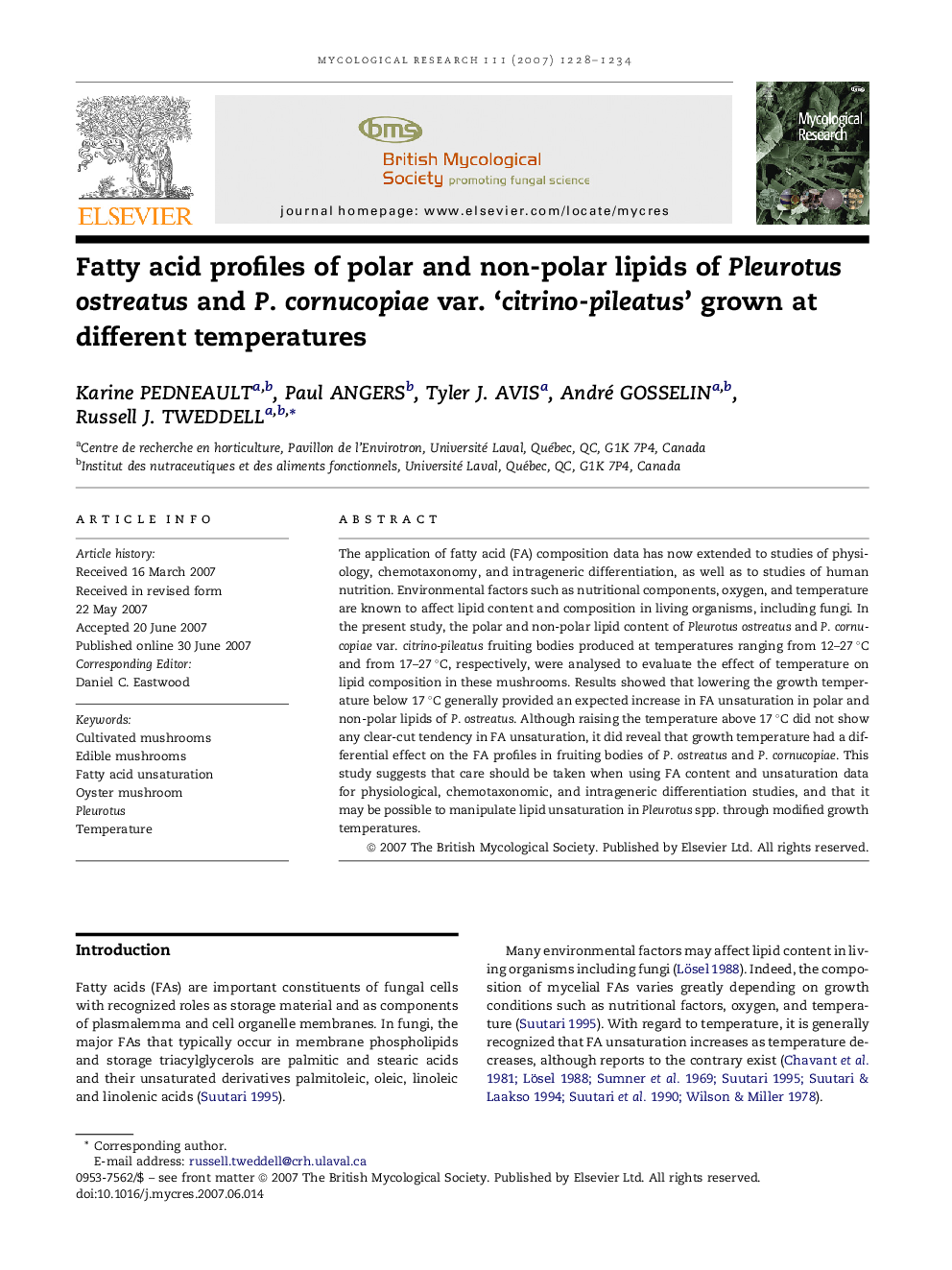 Fatty acid profiles of polar and non-polar lipids of Pleurotus ostreatus and P. cornucopiae var. ‘citrino-pileatus’ grown at different temperatures