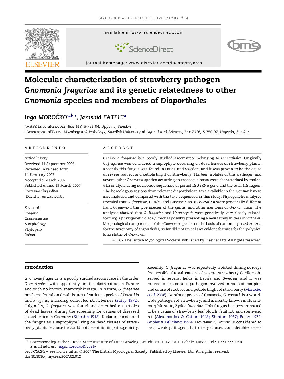 Molecular characterization of strawberry pathogen Gnomonia fragariae and its genetic relatedness to other Gnomonia species and members of Diaporthales